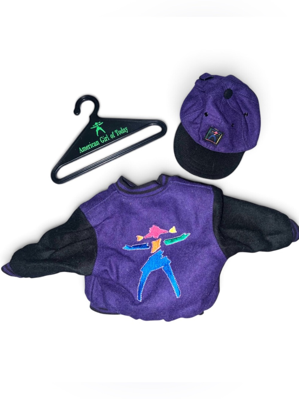 AMERICAN GIRL DOLL PURPLE VARSITY JACKET & CAP PLEASANT COMPANY HAT SET VINTAGE